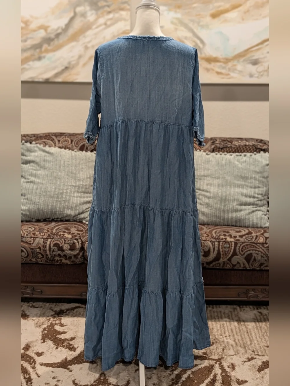 Easel -Boho Tiered V-Neck Maxi Jean Dress - Picture 2 of 5